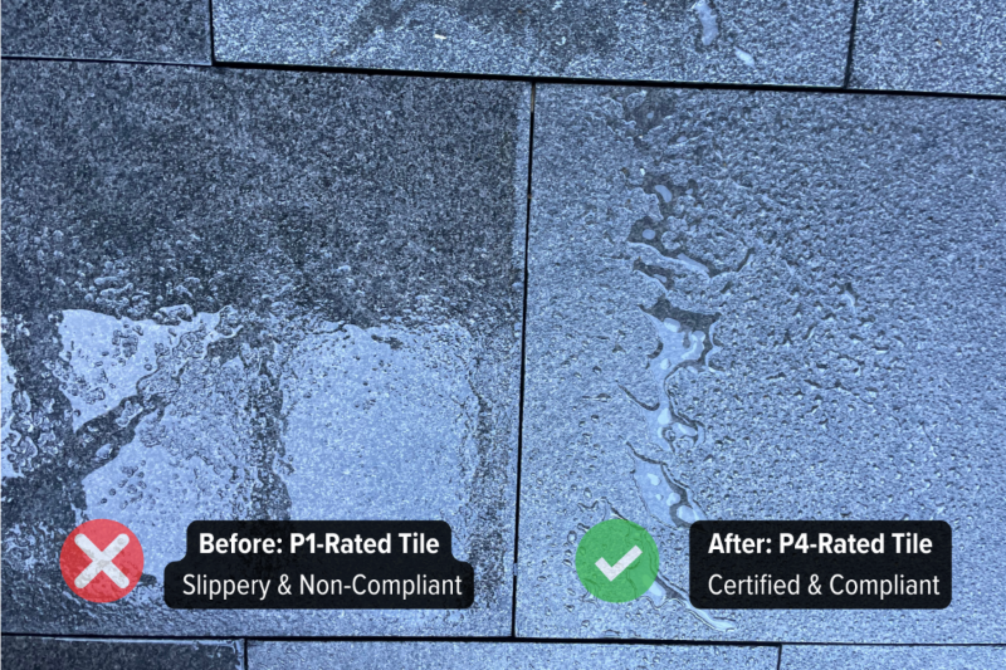 Before and after tile treatment using Stellmann Non-Slip Clear – transforming slippery P1-rated surface into certified P4 slip-resistant flooring
