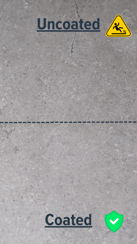 GIF comparing soap sliding on untreated vs. Stellmann-coated floor, highlighting the safety of non-slip surfaces