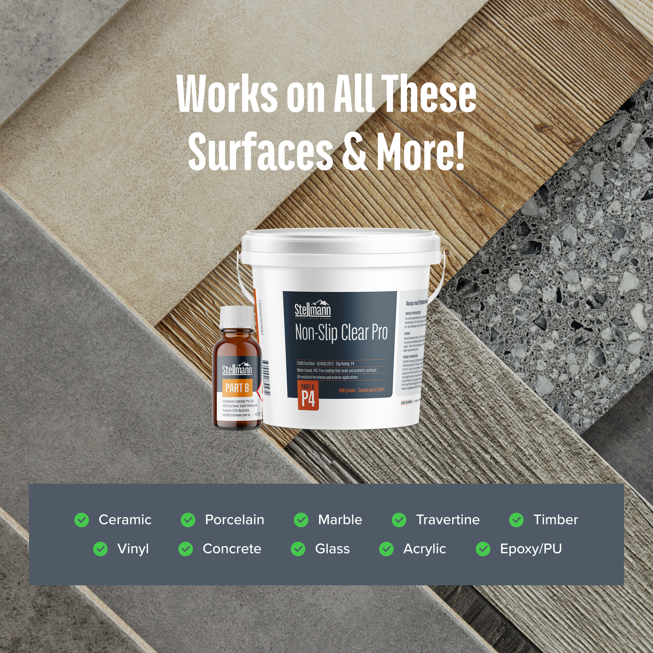 Stellmann Non-Slip Clear Pro shown with various compatible surfaces including tile, timber, concrete, glass, vinyl, and marble