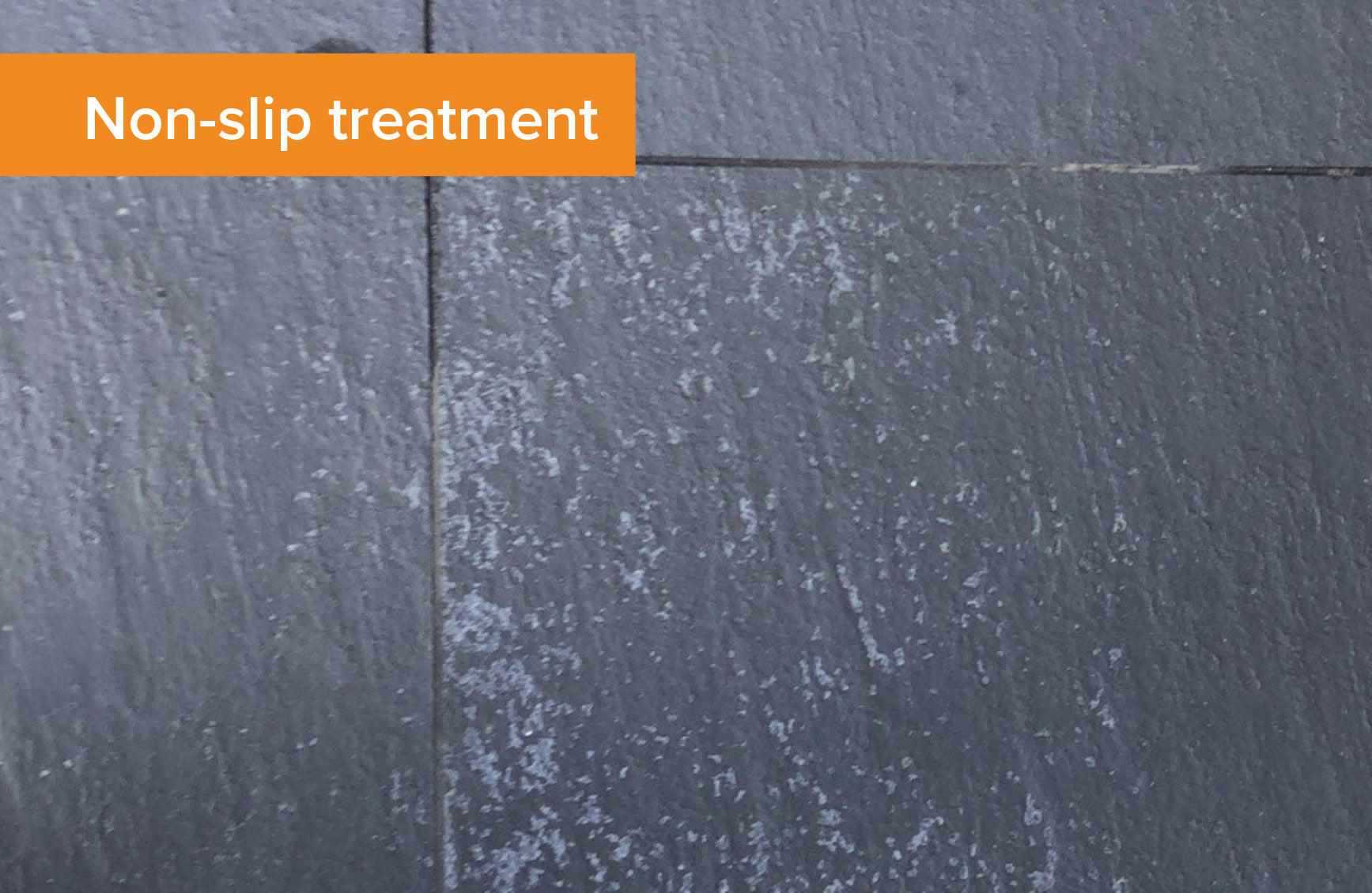 Damaged tile surface from acid-based non-slip treatment – rough, patchy finish that traps dirt
