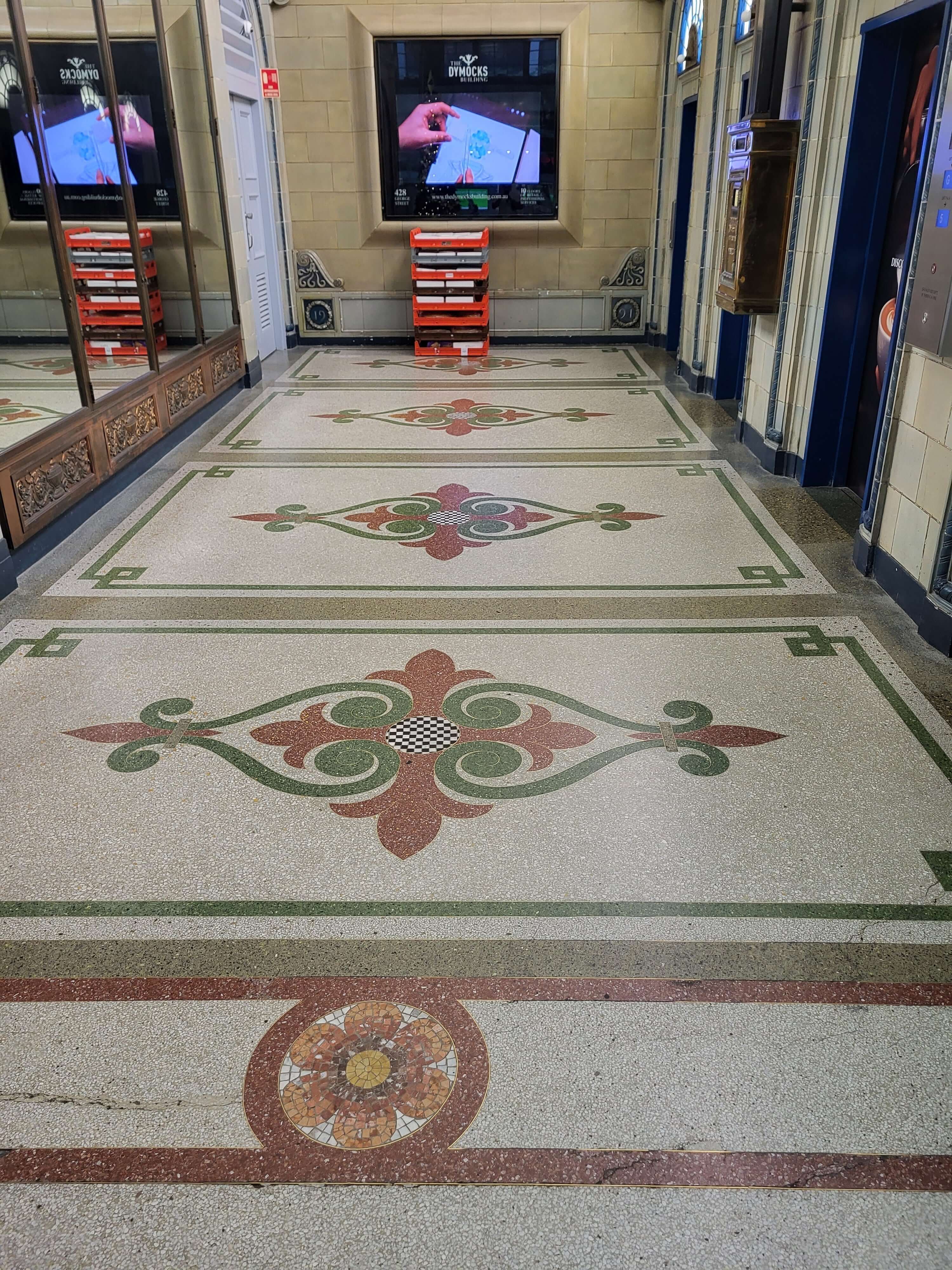 Dymocks Sydney – Heritage Building non-slip floor coating on ornate tiled surfaces for enhanced safety and aesthetics.