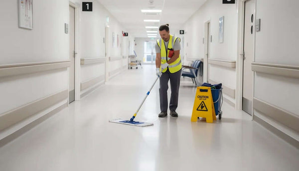 Vinyl Safety Flooring in a hospital corridor with a worker cleaning to maintain slip resistance.