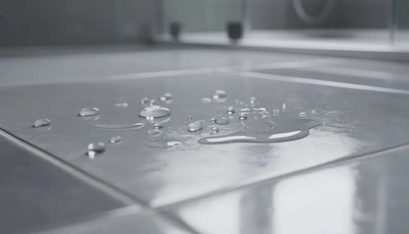 Tile Gripper Guide 2026 | Non-Slip Coatings Compared showing water droplets on tile surface highlighting slip risk.