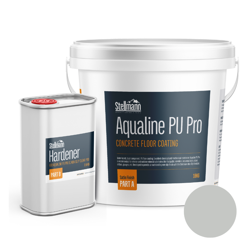 Aqualine PU Pro 12kg Light Grey – RAL 7035 coloured floor coating for indoor/outdoor slip-safe finishes.