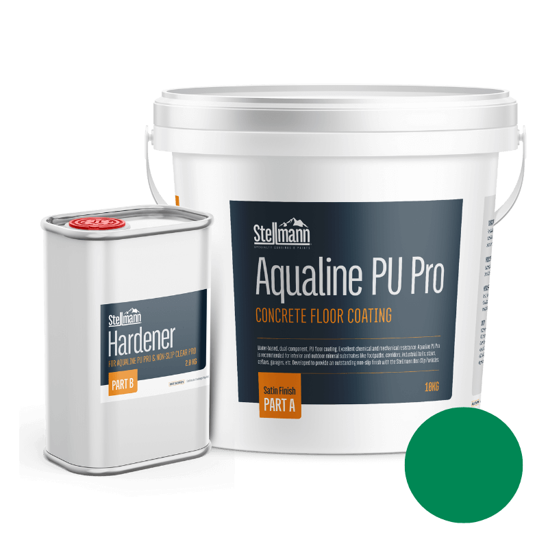Stellmann Aqualine PU Pro Green 12kg – Slip-rated polyurethane coating RAL 6024 for safety zones and work floors.