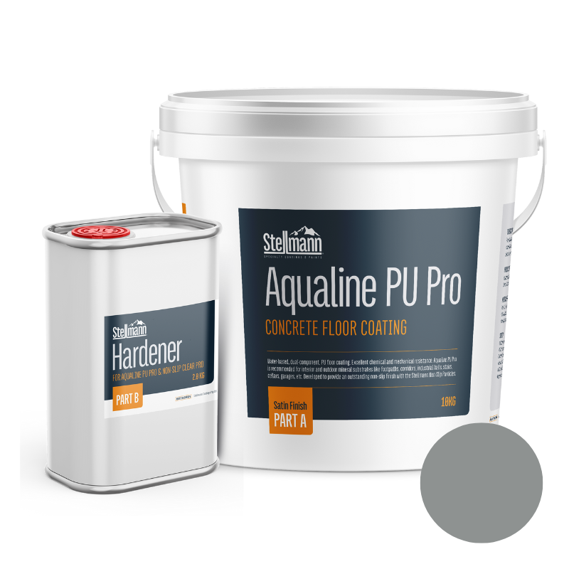 PU Pro Traffic Grey Aqualine 12kg – Neutral RAL 7042 non-slip coating ideal for modern concrete and tiled spaces.