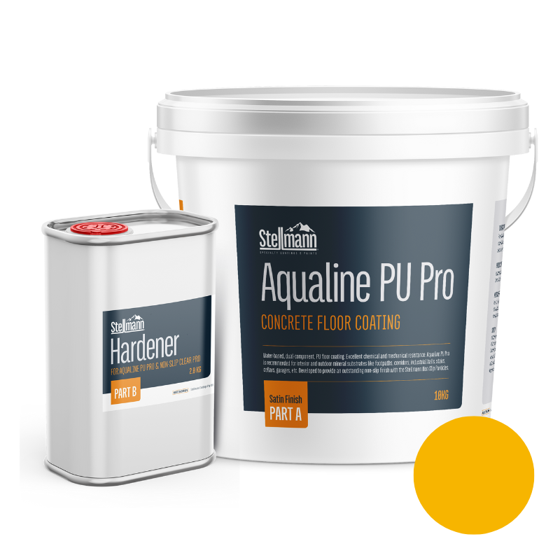 Aqualine PU Pro 12kg Yellow Coating – RAL 1023 slip-resistant paint for stair nosings and warehouse lines.