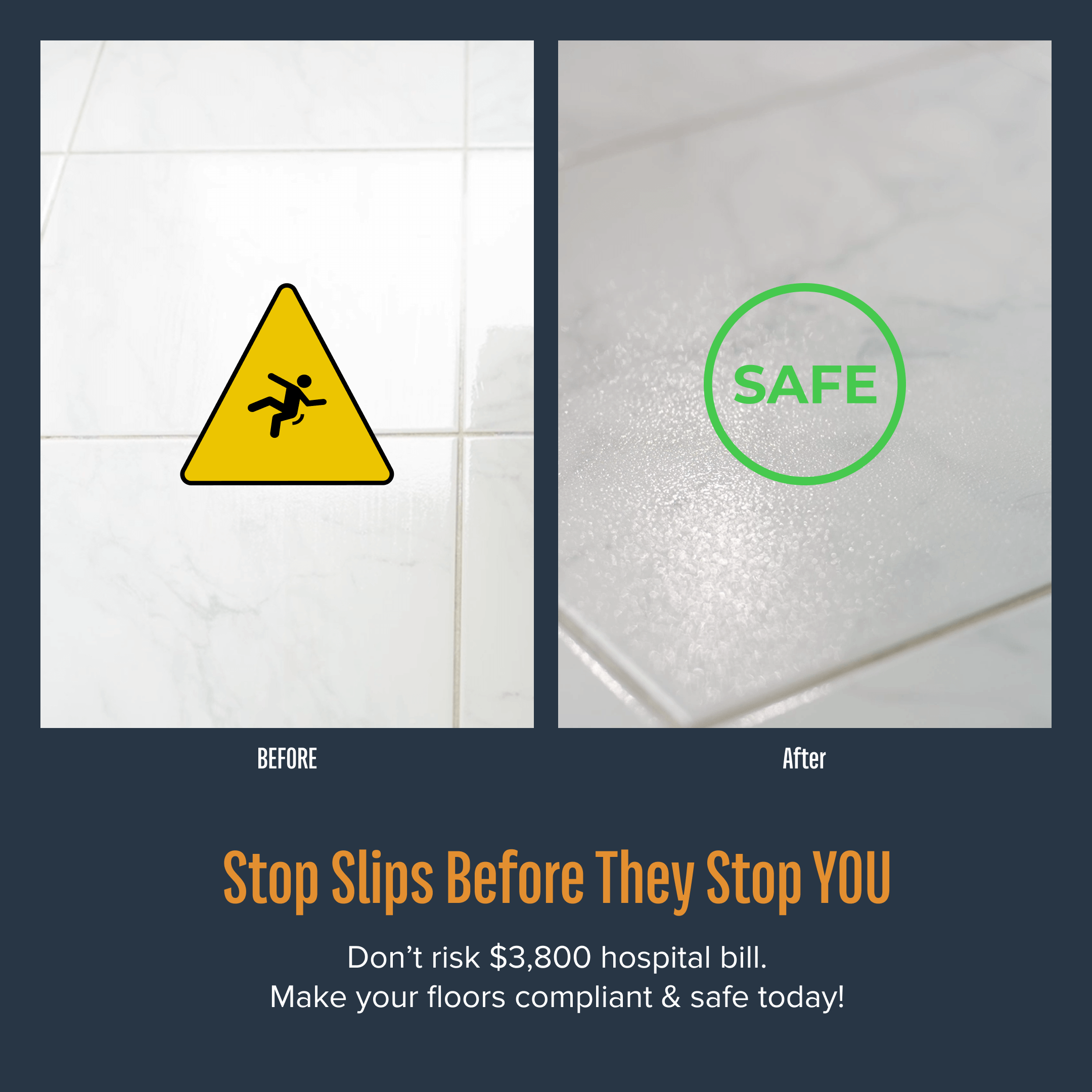 Comparison of slippery tile versus tile treated with Stellmann non-slip coating, highlighting improved safety and compliance