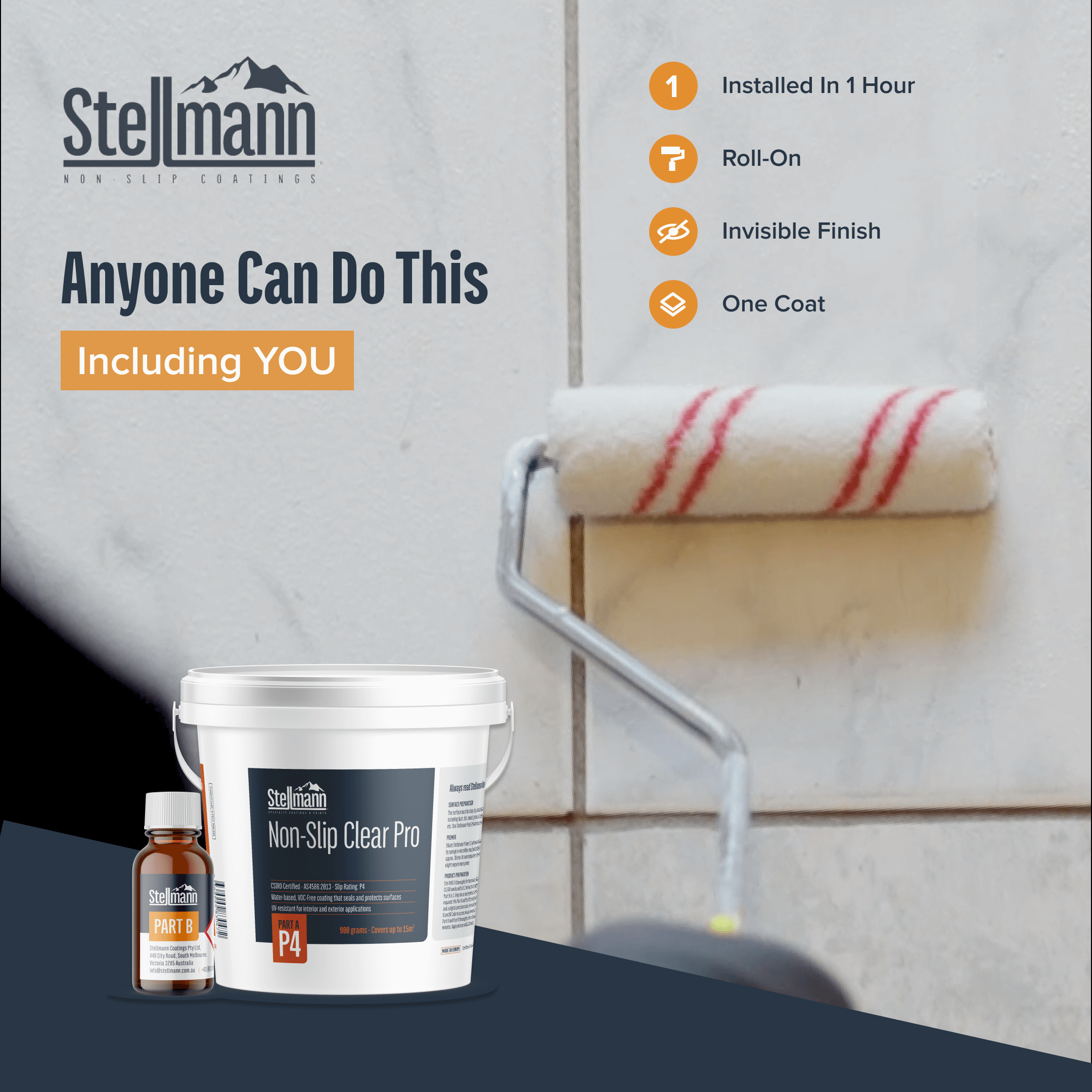 Roller applying Stellmann clear non-slip coating to bathroom tiles, showcasing simple one-coat, invisible finish for floor safety