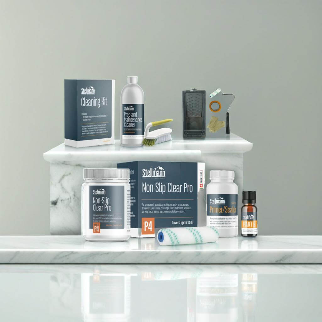 Stellmann anti-slip outdoor coating bundle displayed on shelf, ideal for balconies, patios, and high-traffic home zones