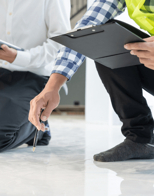 Two inspectors kneeling on a tiled floor, one pointing at the surface with a pen while the other holds a clipboard, conducting a safety or quality evaluation.