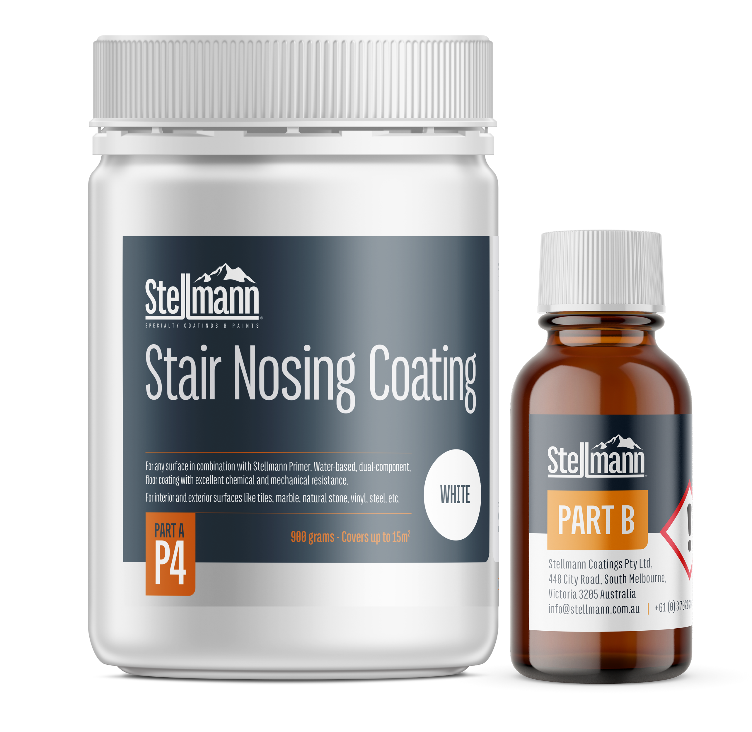 Stellmann white stair nosing coating with UV-resistant finish on indoor concrete steps – easy-to-apply VOC-free solution offering durable AS 1428-compliant stair safety.