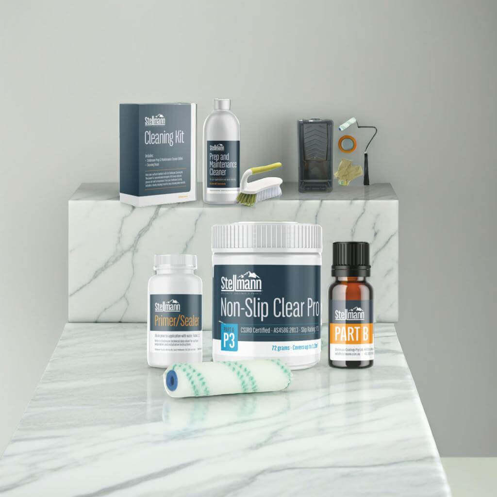 Stellmann Shower Safety Kit including tools and clear coating, designed to prevent slips in bathrooms and showers