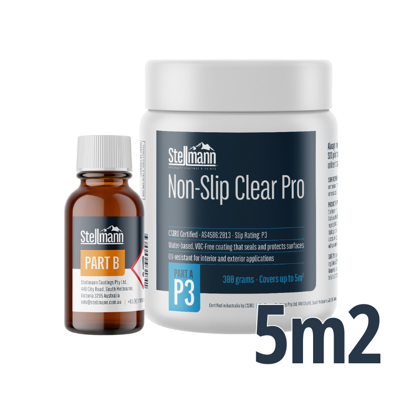 Stellmann Non-Slip Clear PRO P3 5sqm Kit – Transparent anti-slip floor coating for indoor wet zones, certified slip resistance.