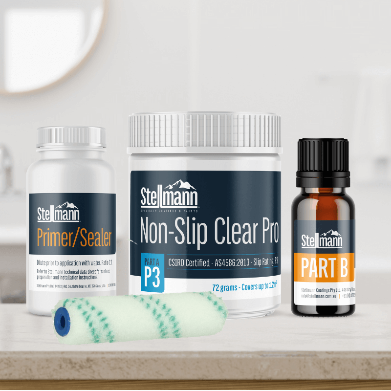 Stellmann Non-Slip Clear Pro Kit – P3 Rated 1.2m² Coverage for Shower Floors & Bathroom Tiles with Primer, Hardener & Roller | DIY Anti-Slip Solution