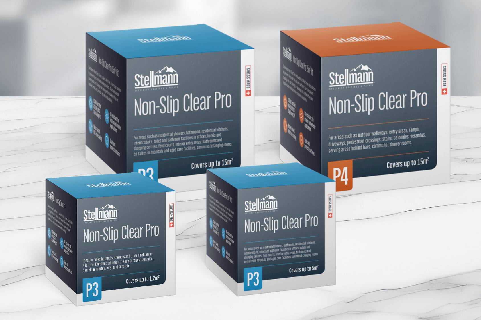 Full lineup of Stellmann Non-Slip Clear Pro kits in P3 and P4 slip ratings, covering small to large areas with certified floor safety solutions