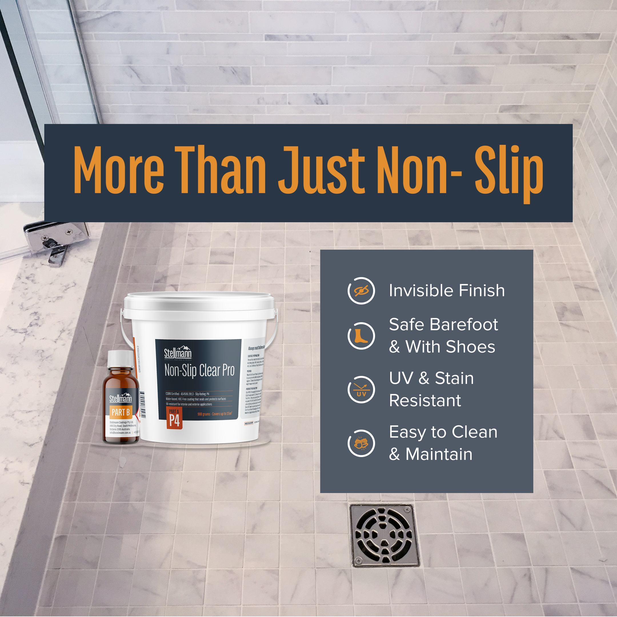 Shower floor treated with Stellmann Non-Slip Clear Pro, highlighting benefits like invisible finish, barefoot safety, and easy maintenance