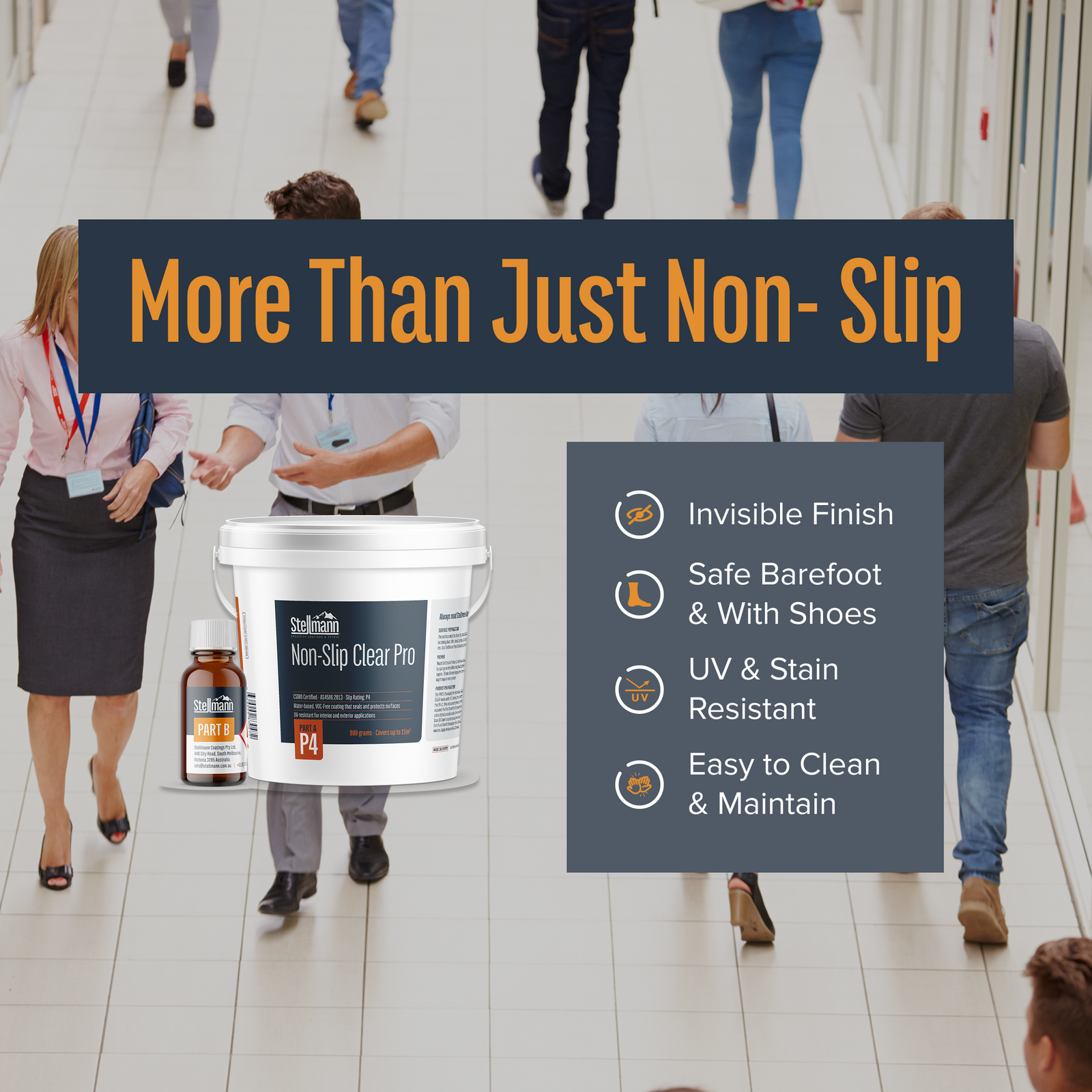 Shower floor treated with Stellmann Non-Slip Clear Pro, highlighting benefits like invisible finish, barefoot safety, and easy maintenance