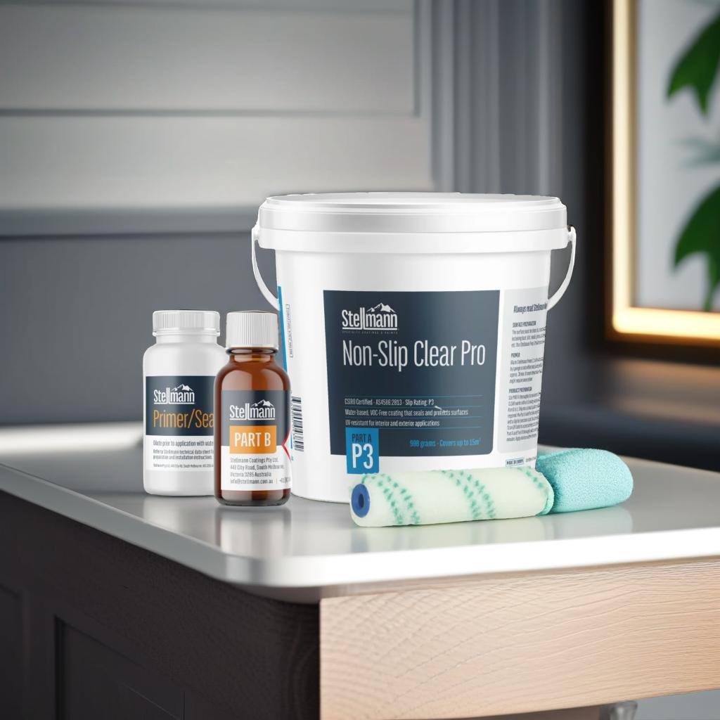 Stellmann 15m² Non-Slip Clear Pro Kit – P3 Rated DIY Anti-Slip Coating with Primer, Hardener & Roller for Bathrooms, Showers & Aged Care Compliance