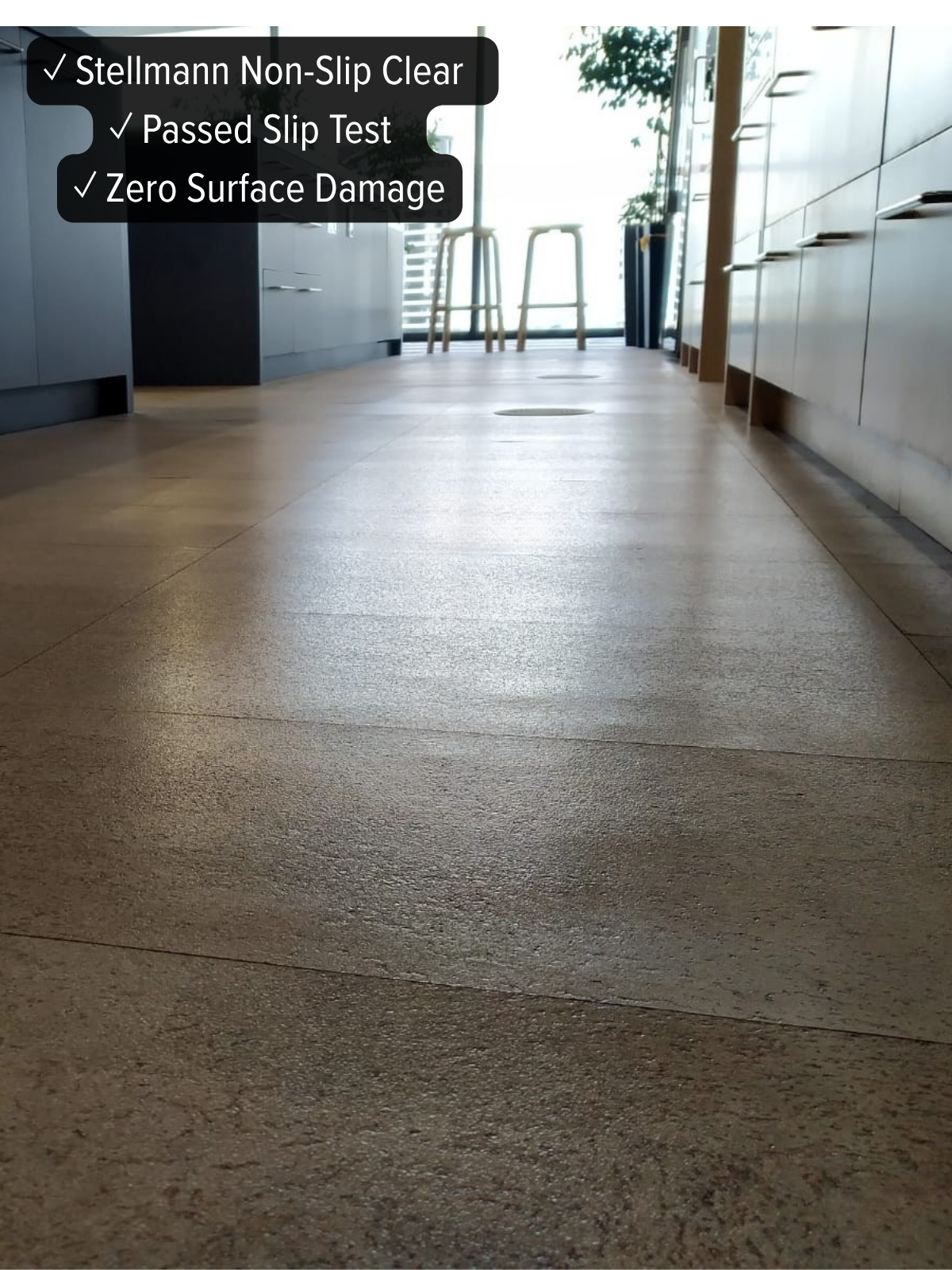 Stellmann Non-Slip Clear coating on commercial stone tiles – passed slip resistance test with zero surface damage, ideal for kitchens and high-traffic indoor areas