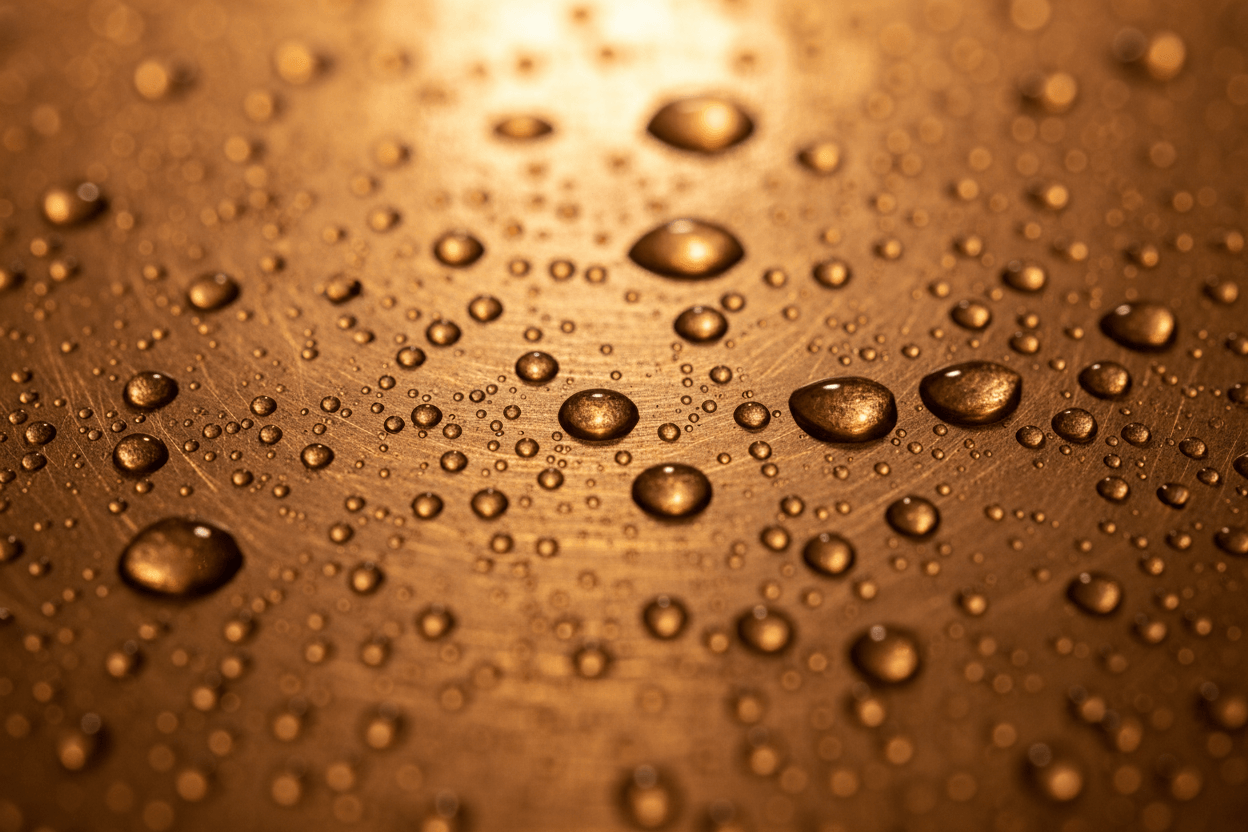 Non-slip floor coating droplets on metallic surface illustrating water-resistance performance.