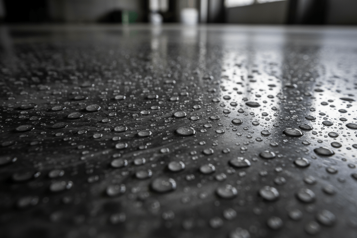 Non-slip floor coating with water droplets showing effectiveness and slip resistance for safety.