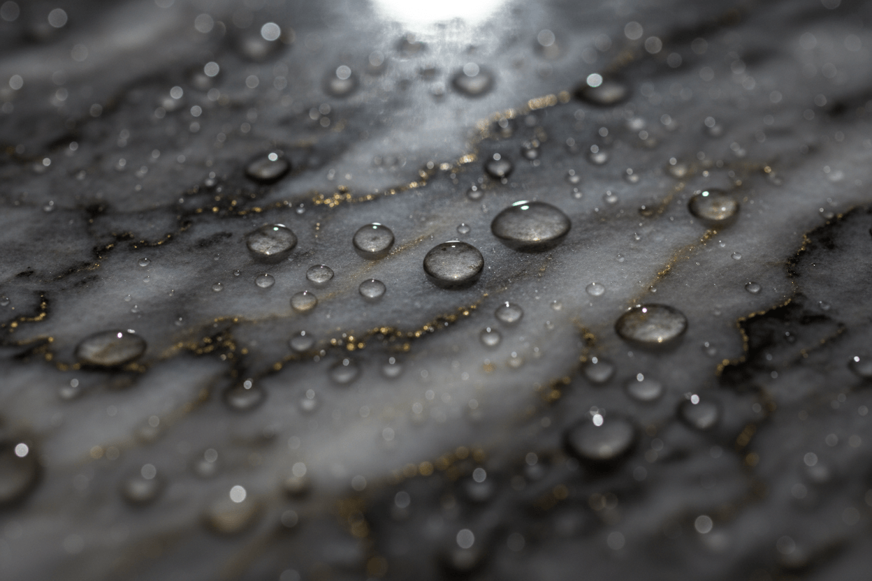 Non-slip floor coating on marble tiles preventing water damage with clear droplets.