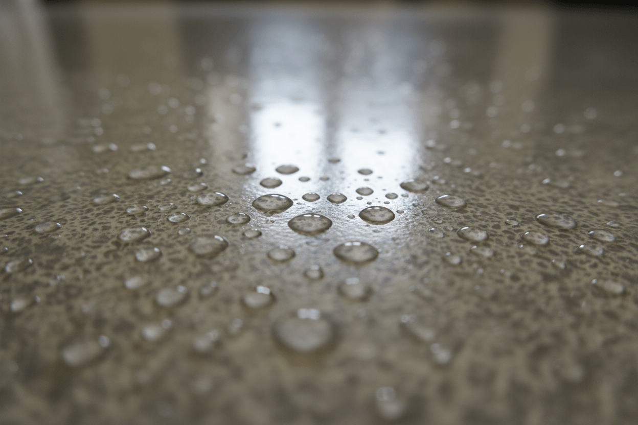 Non-slip floor coating with water beads on a surface, demonstrating effective waterproofing solution.