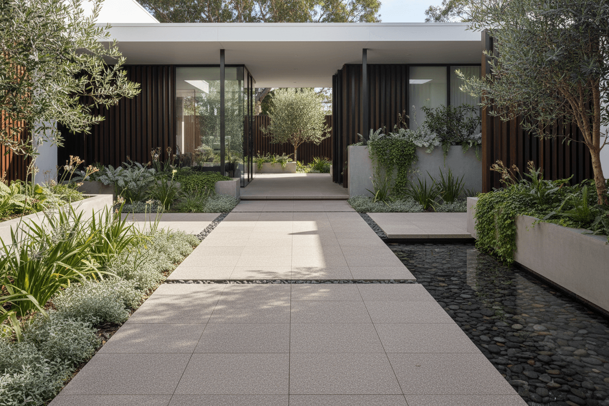 non-slip floor coating outdoor pathway with plants enhancing safety and aesthetics