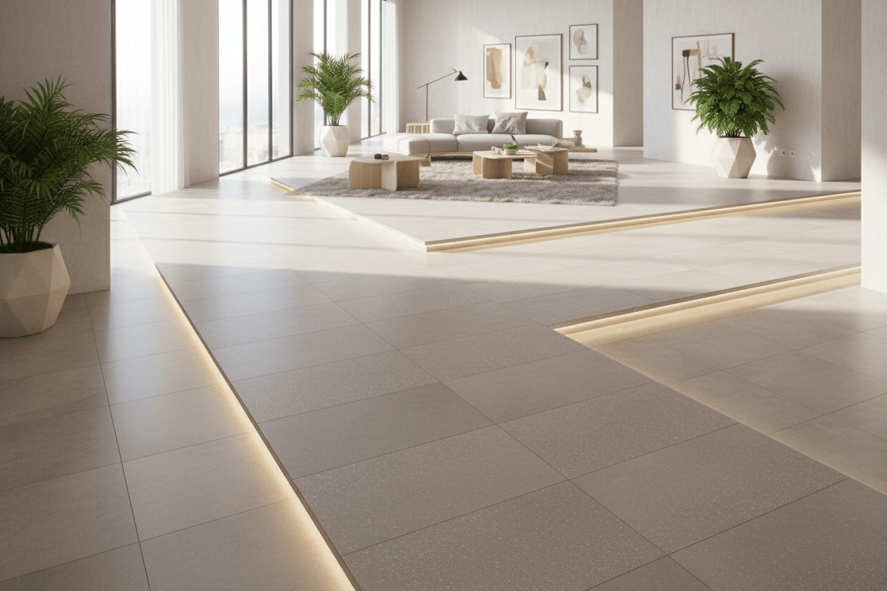 Non-slip floor coating in modern living room enhancing safety and comfort with stylish tiles.