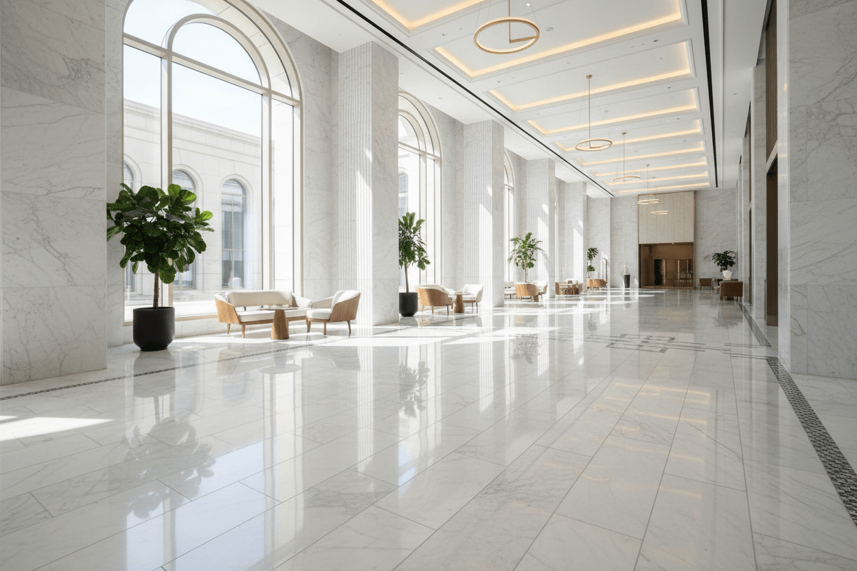 non-slip floor coating in a spacious marble lobby for enhanced safety and aesthetics