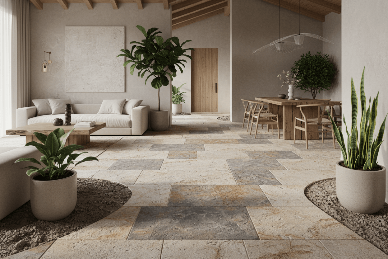 non-slip floor coating in modern living room with natural stone tiles for safe walking.