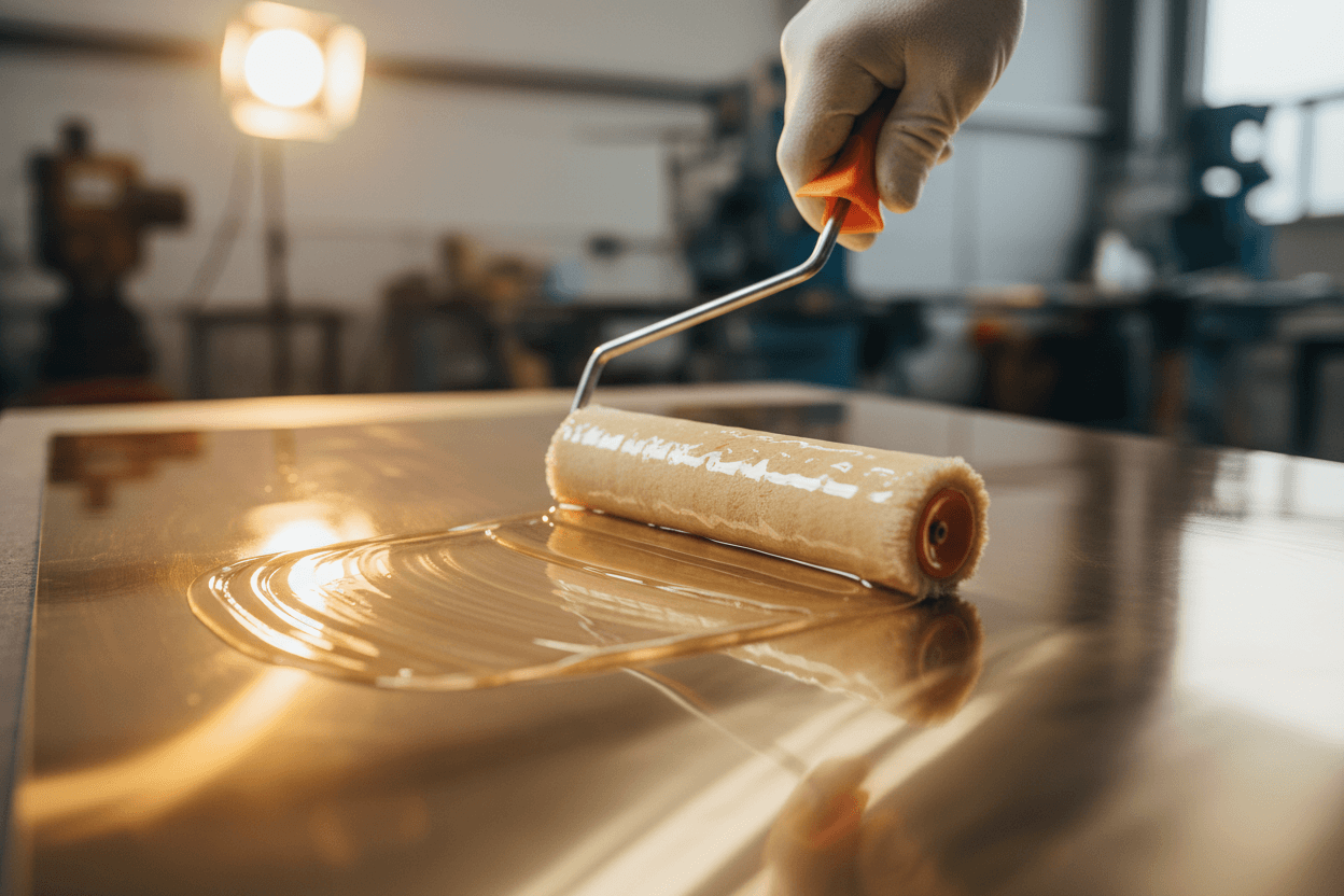 applying non-slip floor coating with roller for enhanced safety on surfaces