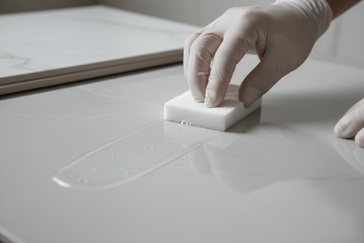Applying clear non-slip coating for tiles to enhance safety and reduce slip hazards on a smooth surface.