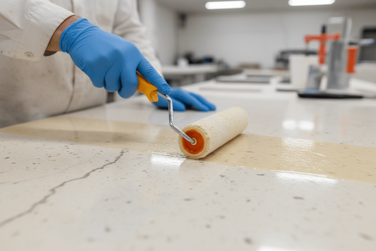 Applying clear non-slip coating for tiles in a lab setting for enhanced slip resistance.