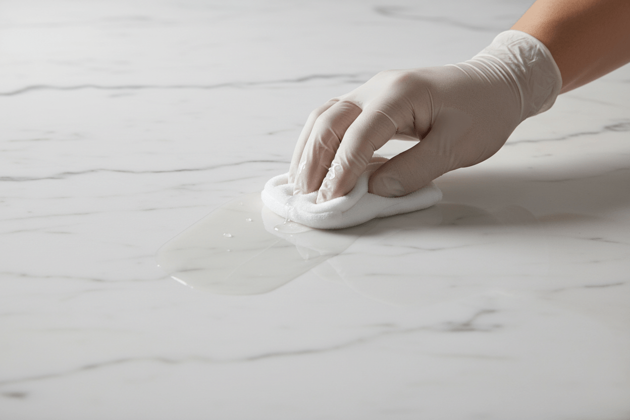 Cleaning marble surface with DIY non-slip floor kit for enhanced safety and slip resistance.