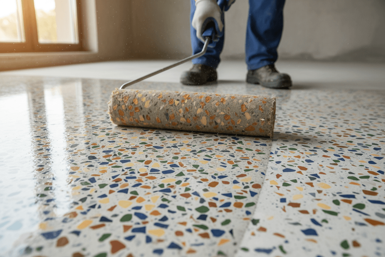 Non-slip floor coating application on a decorative tile surface for enhanced safety and durability.