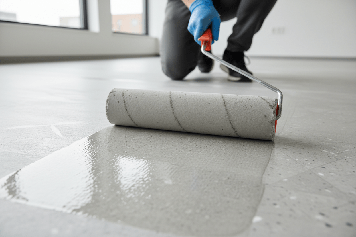 Applying non-slip floor coating on tiles to enhance safety and slip resistance.