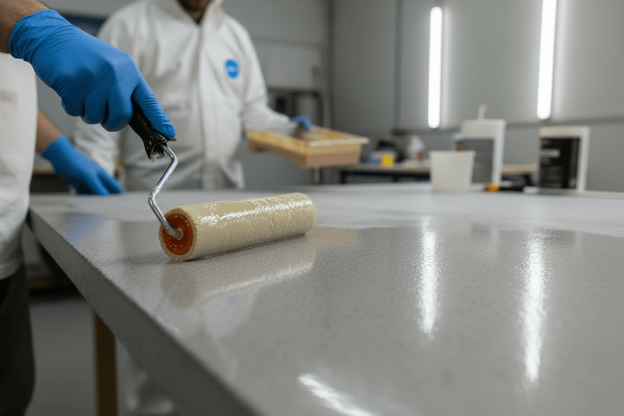 Applying non-slip floor coating using a roller for safer surface finish in a commercial workspace.