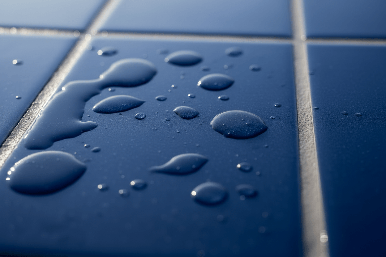 non-slip floor coating on blue tiles preventing water accumulation and ensuring safety