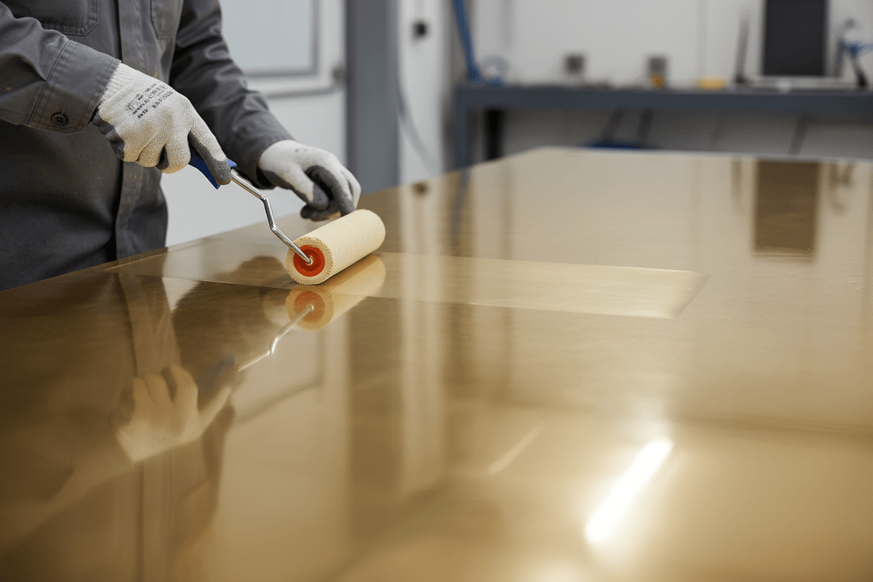 Applying clear non-slip coating for tiles in a workshop for enhanced floor safety and slip resistance.