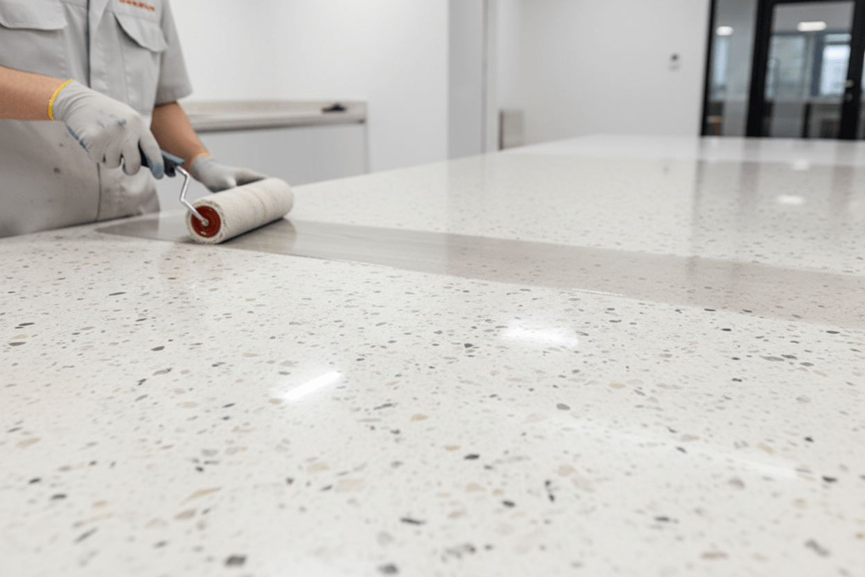 Applying non-slip floor coating on a smooth surface for enhanced safety and slip resistance.