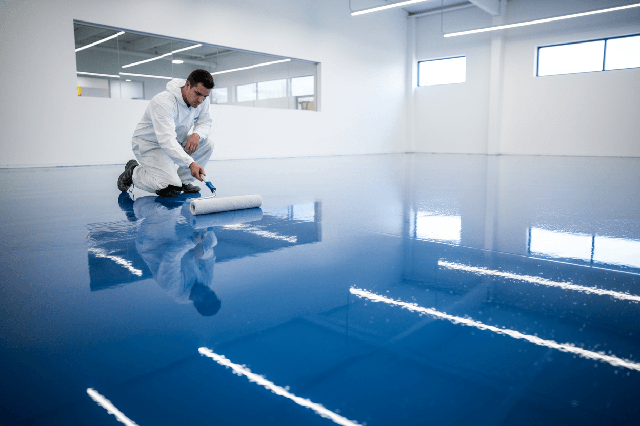 DIY non-slip floor coating application on a newly finished blue floor in a modern workspace.