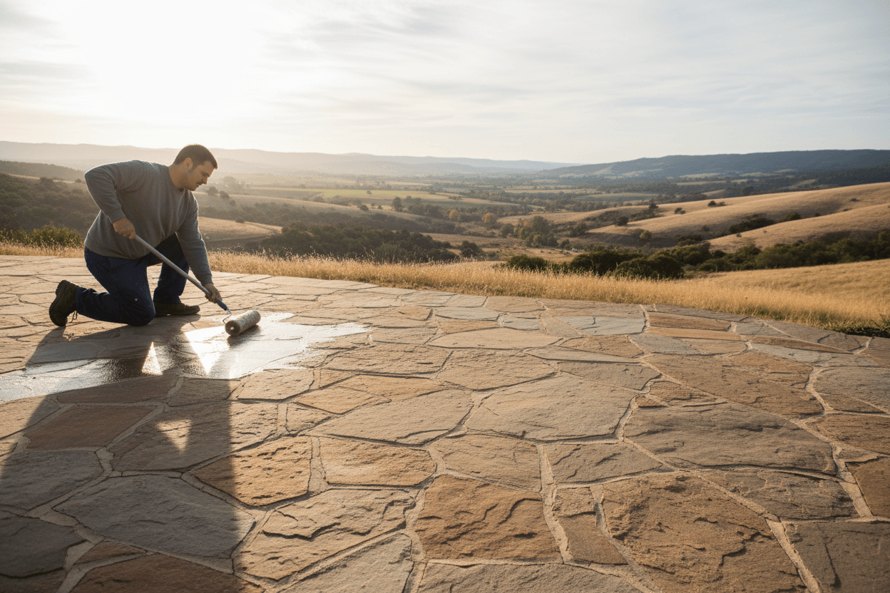 non-slip floor coating application on outdoor stone surface for safety in rural landscape