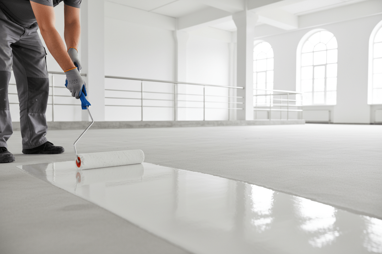 Applying non-slip floor coating for enhanced safety in a spacious indoor area.