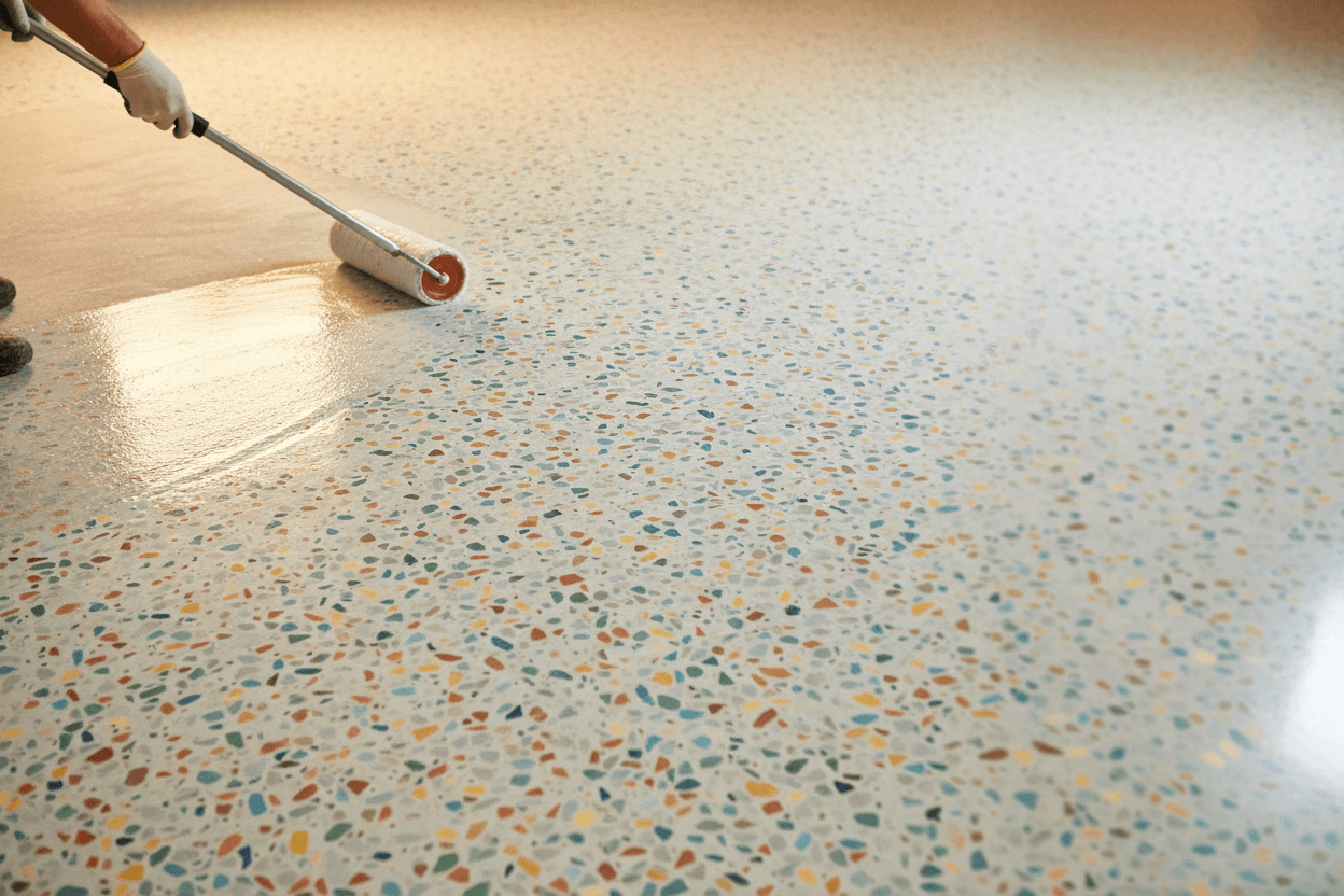 Applying non-slip floor coating for a safe and attractive surface in a commercial space.