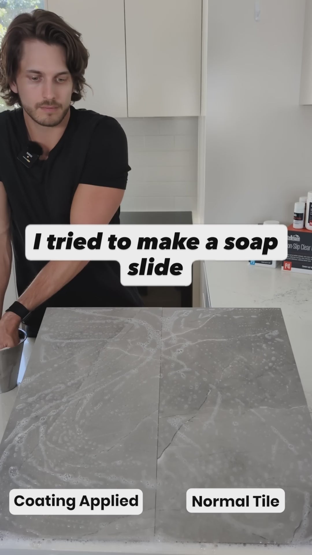 Wet soap visual demonstration comparing untreated tile with tile coated using Stellmann Clear PRO. A formal P-rating requires the correct AS 4586 test method.