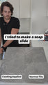 Wet soap visual demonstration comparing untreated tile with tile coated using Stellmann Clear PRO. A formal P-rating requires the correct AS 4586 test method.