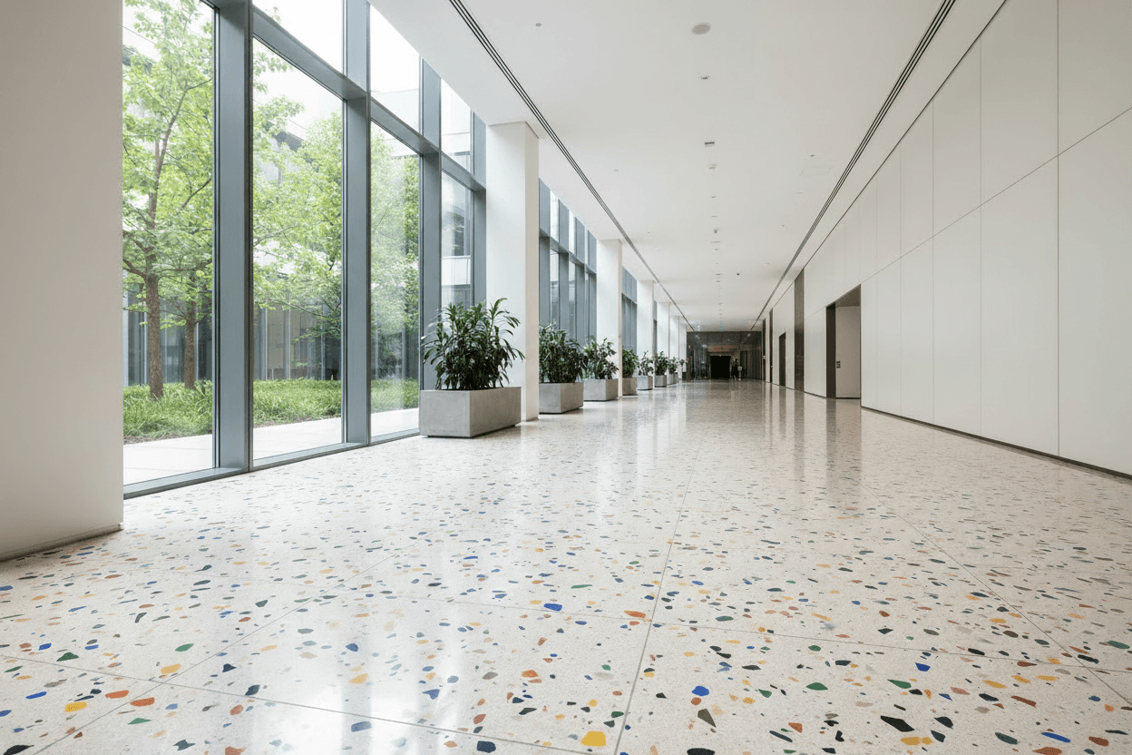 non-slip floor coating in a modern corridor enhancing safety and aesthetics with vibrant terrazzo design